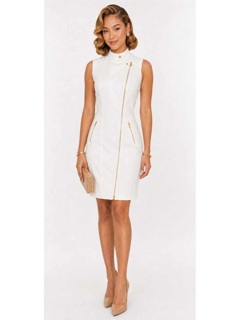 DKNY Ivory Sleeveless Sheath Moto Dress Gold Zip Size 4 NWT